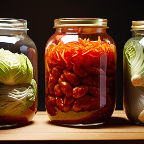 Home 15 **Kimchi still life:** A vibrant close-up of various kimchi types (baechu, kkakdugi, oi sobagi) in earthenware jars. Focus on textures and colors – the bright red of chili, the green of cabbage, the translucent look of radish. Emphasize fermentation bubbles and traditional Korean pottery. Add subtle backlighting.