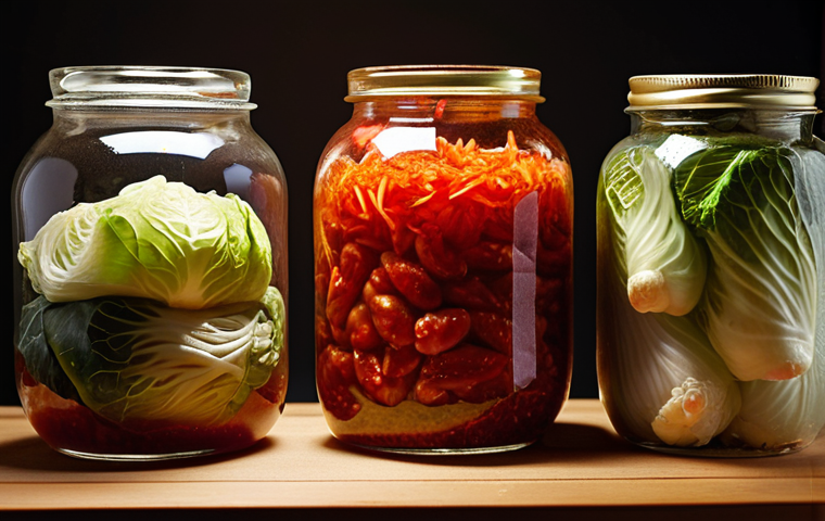 **Kimchi still life:** A vibrant close-up of various kimchi types (baechu, kkakdugi, oi sobagi) in earthenware jars. Focus on textures and colors – the bright red of chili, the green of cabbage, the translucent look of radish. Emphasize fermentation bubbles and traditional Korean pottery. Add subtle backlighting.