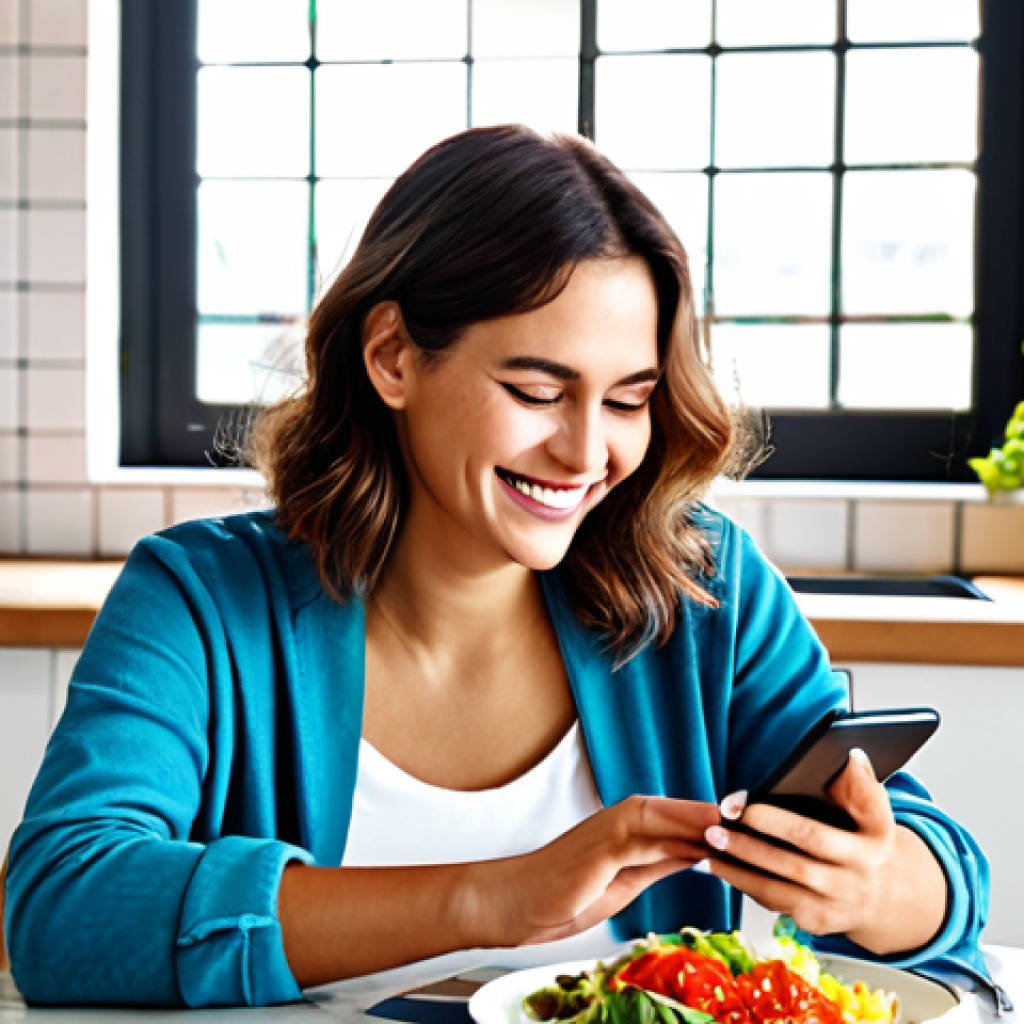 Digital Food Journaling**

A woman with a warm smile, casually dressed in comfortable clothing, sitting at a bright, modern kitchen table. She's holding a smartphone with a food journaling app open, displaying colorful charts and data. A healthy salad and a glass of water are next to her. The background is a sunlit Spanish-style kitchen with ceramic tiles and potted plants. `safe for work`, `appropriate content`, `fully clothed`, `professional photography`, `perfect anatomy`, `natural proportions`, `family-friendly`. *Keywords: diario de comidas, app de nutrición, estilo de vida saludable.*

**