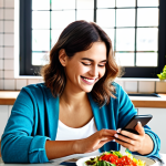 Digital Food Journaling**

A woman with a warm smile, casually dressed in comfortable clothing, sitting at a bright, modern kitchen table. She's holding a smartphone with a food journaling app open, displaying colorful charts and data. A healthy salad and a glass of water are next to her. The background is a sunlit Spanish-style kitchen with ceramic tiles and potted plants. `safe for work`, `appropriate content`, `fully clothed`, `professional photography`, `perfect anatomy`, `natural proportions`, `family-friendly`. *Keywords: diario de comidas, app de nutrición, estilo de vida saludable.*

**