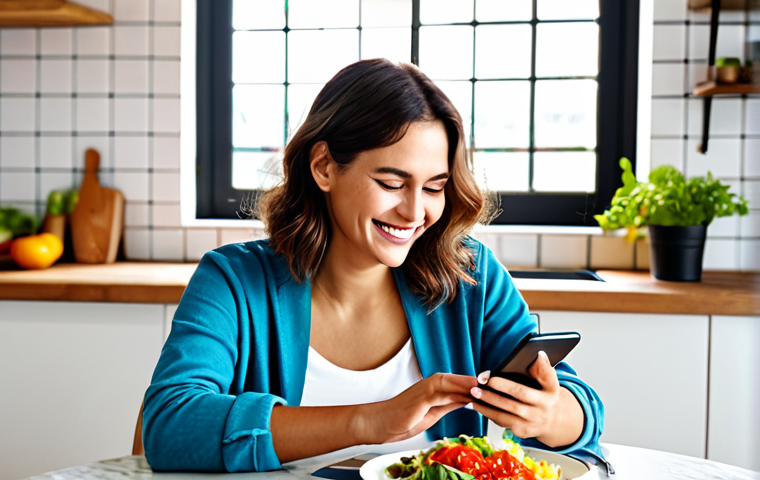 Digital Food Journaling**

A woman with a warm smile, casually dressed in comfortable clothing, sitting at a bright, modern kitchen table. She's holding a smartphone with a food journaling app open, displaying colorful charts and data. A healthy salad and a glass of water are next to her. The background is a sunlit Spanish-style kitchen with ceramic tiles and potted plants. `safe for work`, `appropriate content`, `fully clothed`, `professional photography`, `perfect anatomy`, `natural proportions`, `family-friendly`. *Keywords: diario de comidas, app de nutrición, estilo de vida saludable.*

**