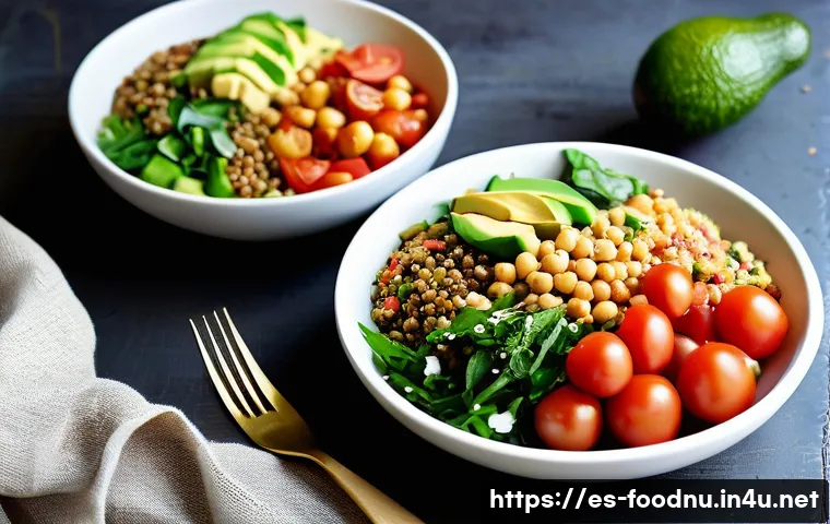 채식주의 영양 설계 - A vibrant and colorful vegetarian meal spread on a rustic wooden table, featuring a quinoa salad wit...