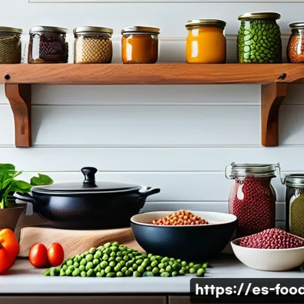 비건 영양소 보충법 - A vibrant and colorful vegan kitchen scene featuring an assortment of cooked legumes such as black b...