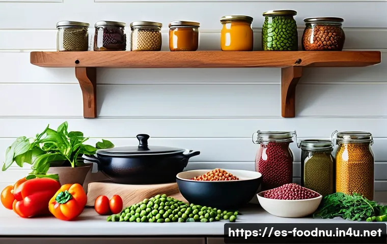 비건 영양소 보충법 - A vibrant and colorful vegan kitchen scene featuring an assortment of cooked legumes such as black b...