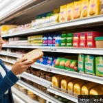 영양 라벨 읽는 법 - A detailed, bright supermarket aisle scene in a Spanish grocery store, featuring a shopper closely e...