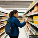 식품첨가물과 건강 - A detailed close-up of a supermarket aisle in Spain, focusing on processed food products with visibl...