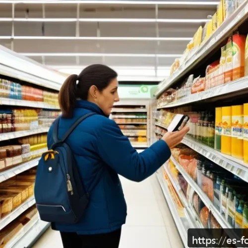 식품첨가물과 건강 - A detailed close-up of a supermarket aisle in Spain, focusing on processed food products with visibl...