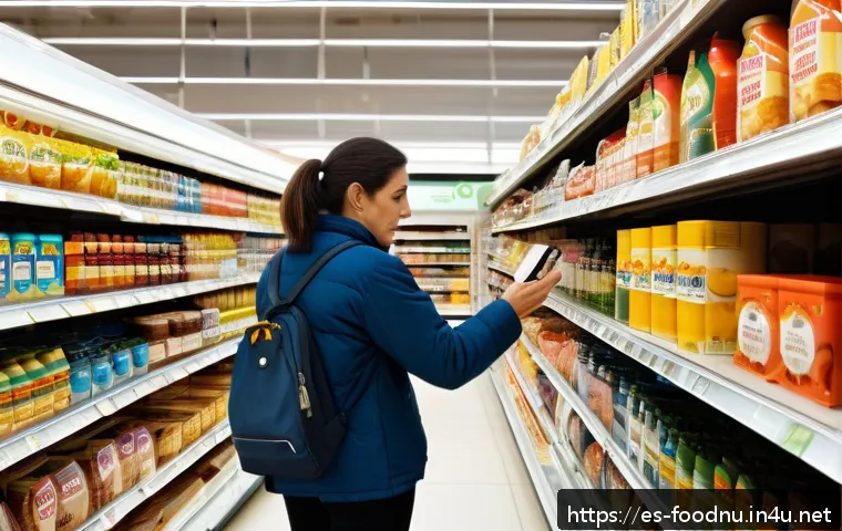 식품첨가물과 건강 - A detailed close-up of a supermarket aisle in Spain, focusing on processed food products with visibl...