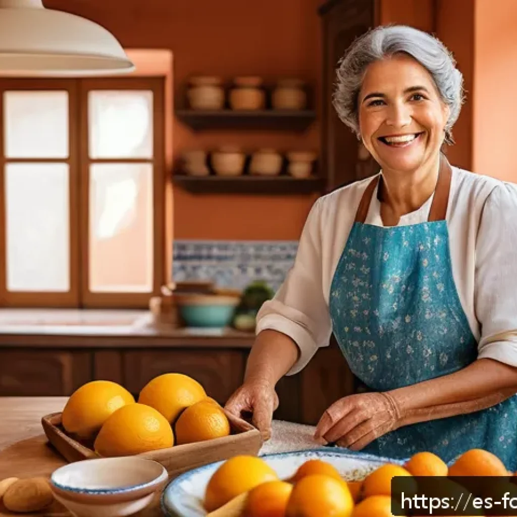 인공 감미료와 건강 이슈 - A detailed, vibrant Spanish kitchen scene showing a middle-aged woman preparing traditional desserts...