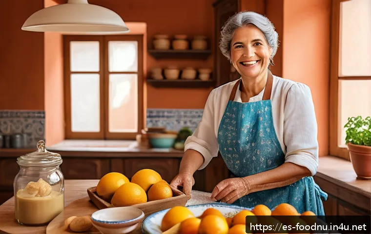 인공 감미료와 건강 이슈 - A detailed, vibrant Spanish kitchen scene showing a middle-aged woman preparing traditional desserts...