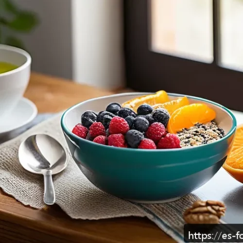 아침 식사의 중요성 - A bright and inviting Spanish kitchen scene featuring a colorful breakfast table set with a traditio...