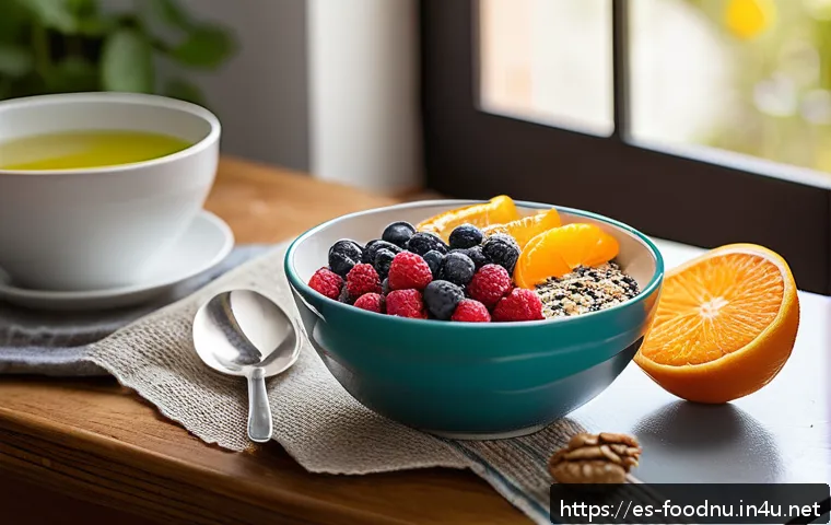 아침 식사의 중요성 - A bright and inviting Spanish kitchen scene featuring a colorful breakfast table set with a traditio...