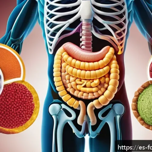 식품영양학 전공과목 - A detailed, vibrant illustration of the human digestive system actively processing a balanced meal r...