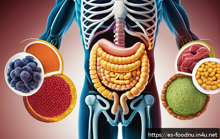 식품영양학 전공과목 - A detailed, vibrant illustration of the human digestive system actively processing a balanced meal r...