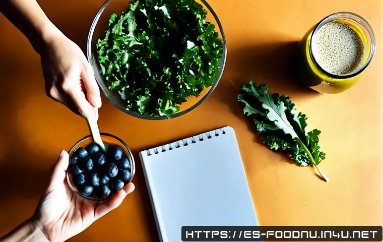 슈퍼푸드 효능 분석 - Photorealistic overhead healthy food analysis scene for a Spanish-speaking household: a clean rustic...